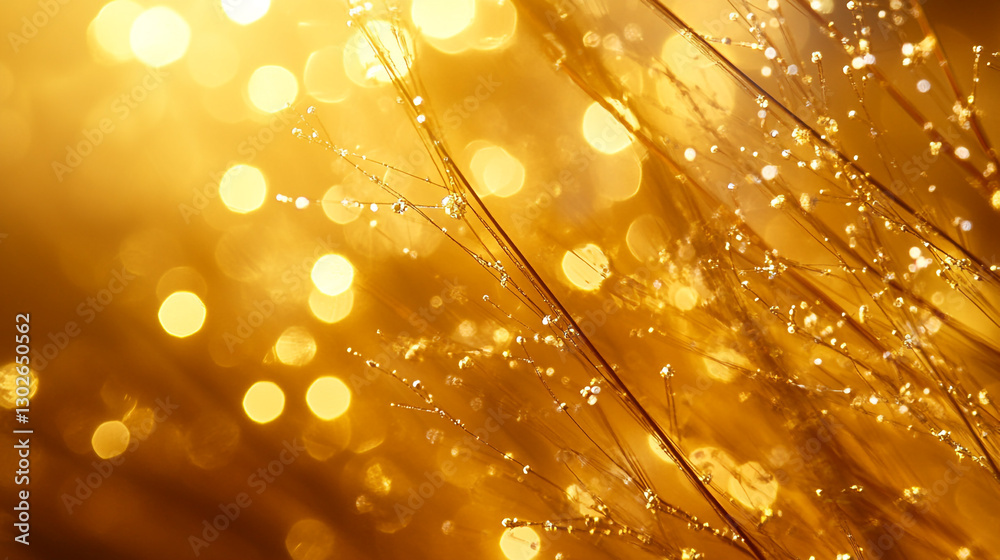 Wall mural golden abstract background with sparkling dew drops and bokeh lights art shiny macro style image