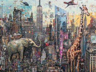 Animals in urban landscape with city skyline.