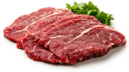Obraz premium Fresh Raw Beef Cuts with Green Herb Garnish on White Background
