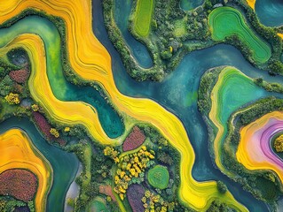 Vibrant aerial view of colorful fields and rivers.