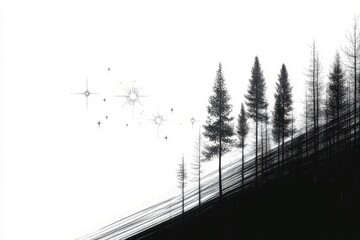 Minimalistic night sky with stars and silhouetted trees on a slope