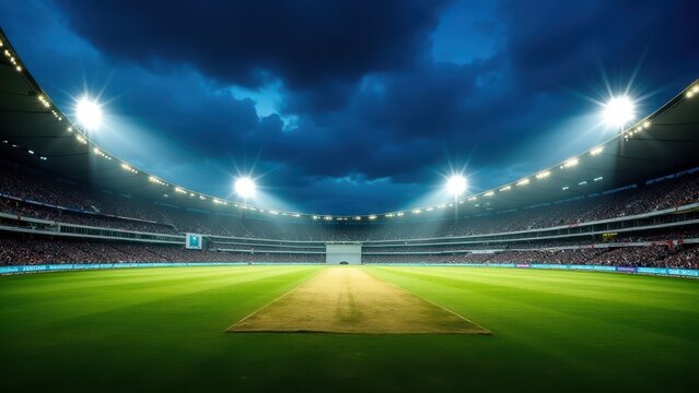 Floodlit cricket stadium, Grand floodlit cricket stadium at night vibrant colors roaring fans upward angle central pitch symmetry