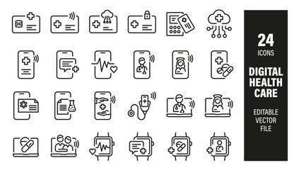 Icon Set Digital Healthcare and medical care editable stroke outline icon isolated on white background flat vector illustration