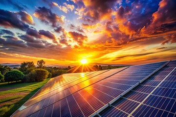Obraz premium Golden Hour Solar Panels: Sustainable Energy at Sunset