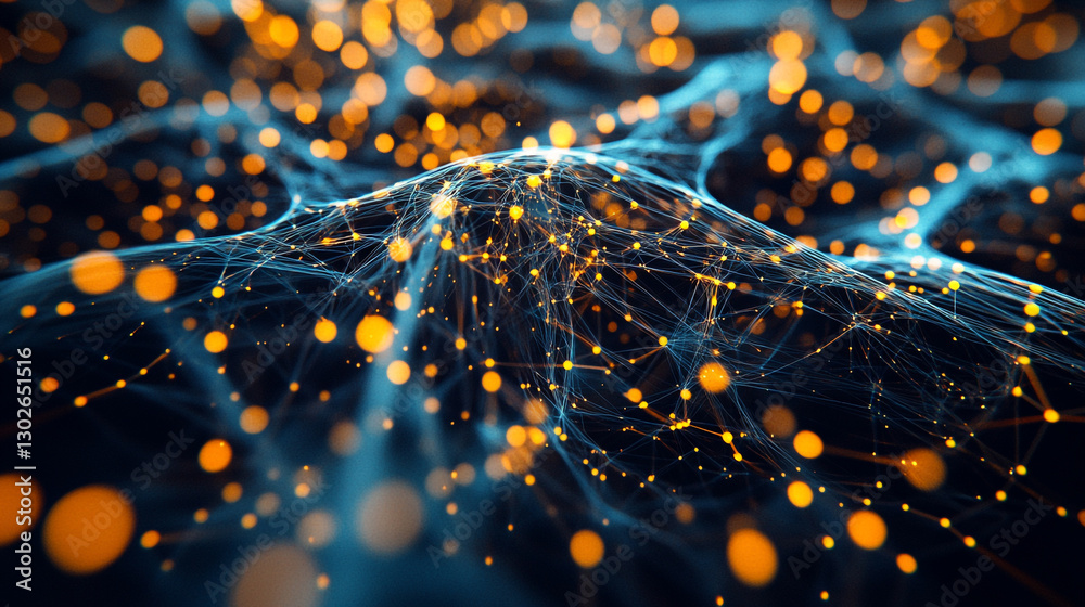 Poster abstract network digital data visualization orange blue glow web dark nodes lines light points desig