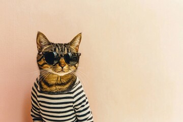 Minimalistic cat wearing sunglasses and striped sweater against peach background