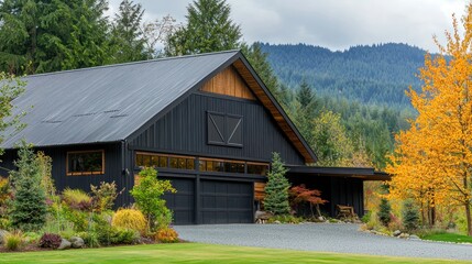 Obraz premium A modern barn featuring corrugated steel walls, blending traditional and contemporary design.