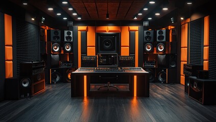 Fototapeta premium Modern Orange And Black Professional Music Recording Studio Interior