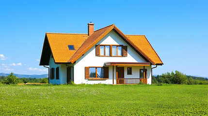 White House with Brown Roof in Green Field under Blue Sky