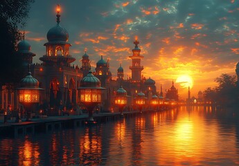 Fototapeta premium Sunset Over Serene Waterfront with Ornate Buildings and Glowing Lanterns
