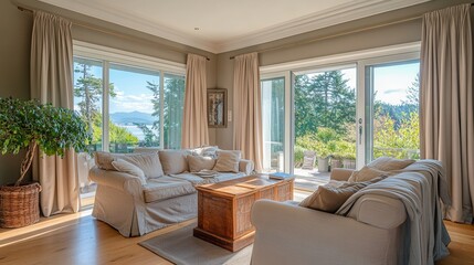 Fototapeta premium Cozy Living Room with Scenic View and Elegant Décor