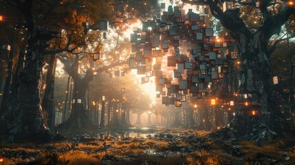 Obraz premium Mystic forest bathed in light, glowing cubes