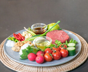 Spicy Thai Beef Salad will be cooked by ingredient such as red beef, onion, green vegetables, Red Radish, pepper, lemon ,and garlic.