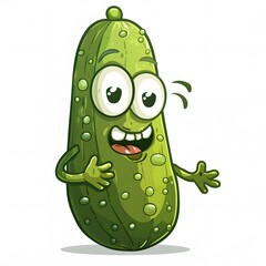 Cartoon cucumber character with friendly expression and arms waving