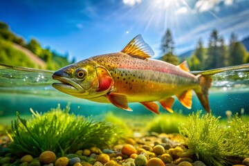 Fototapeta premium Golden Trout Aquaculture: Bokeh Effect Stock Photo - Sustainable Fish Farming