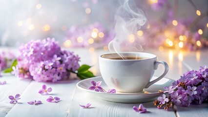 Fototapeta premium Good Morning Coffee & Lilacs: Spring Holiday Stock Photo