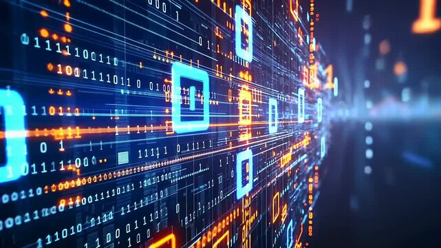 Abstract digital data flow with binary code and glowing elements in a tech environment