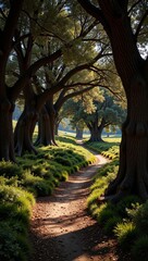 Fototapeta premium Lush Cypriot olive groves line serene pathway, inviting peaceful strolls amidst greenery and soft sunlight. Concept emphasizes beauty of Cypriot olive groves and nature's tranquility