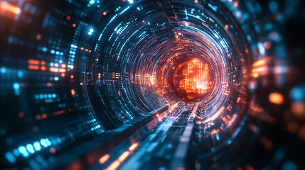 Obraz premium Abstract digital tunnel with orange and blue glowing lights technology background 3d data neon space