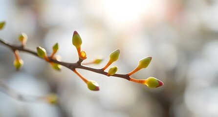 Fototapeta premium Close-up of a tree branch with fresh green buds against a blurred natural background in spring sunlight.