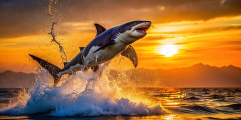 Fototapeta premium Great White Shark Sunset Leap: Dramatic Ocean Splash Stock Photo