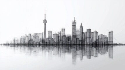 Naklejka premium Abstract Cityscape Drawing with Reflection, Urban Design and Architecture