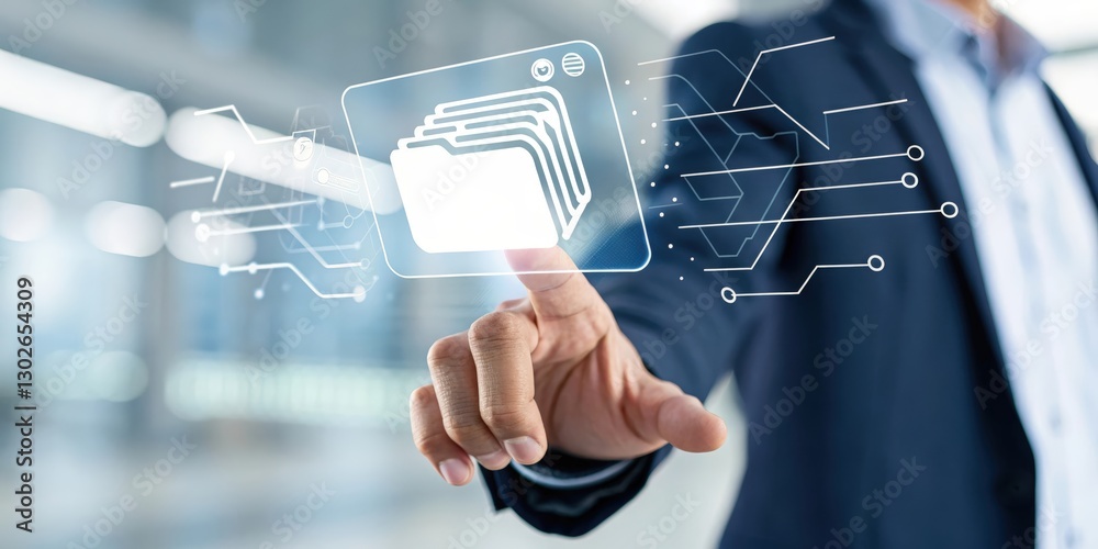 Poster a professional in a suit interacts with a digital interface displaying file icons and circuitry, sym