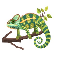 Obraz premium Colorful Chameleon Resting on Branch with Leaves in Cartoon Style