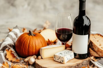 Naklejka premium Delicious fall harvest display with wine, cheese, pumpkin, and bread set against autumn leaves
