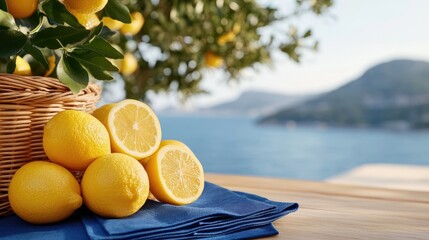 Fresh lemons by the seaside in a sunny setting