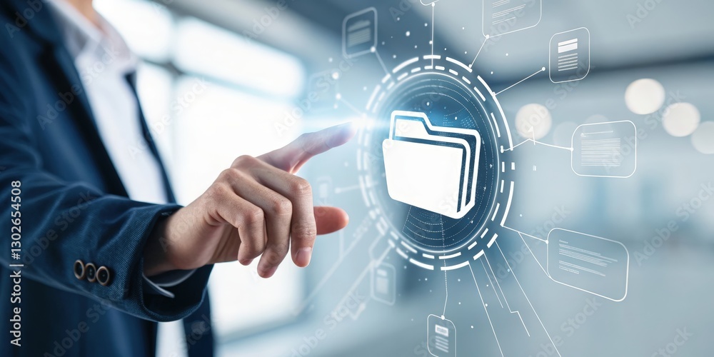 Poster a person interacts with a digital interface, showcasing a folder icon, representing data management 