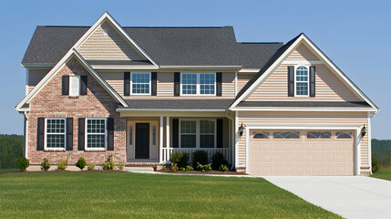 Two Story Brick and Beige House with Gray Roof and Landscaping
