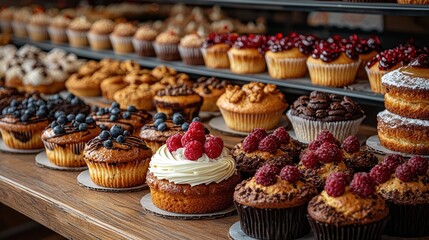 Delightful assortment of freshly baked cupcakes displayed on shelves in a bakery