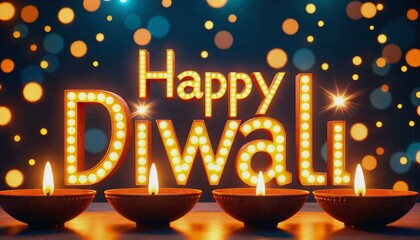 'Happy Diwali' text illuminated with traditional lamps and sparkles