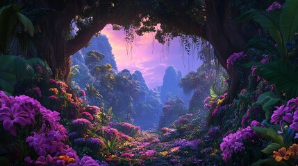 Colorful flower-filled forest landscape at sunset