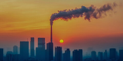 Fototapeta premium A smokestack releases dark smoke against a vibrant sunset, silhouetting a city skyline with industrial buildings.