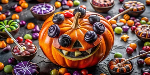 Fototapeta premium Halloween Candy Lollipops in Pumpkin Holder - Spooky Sweet Treats Drone Shot