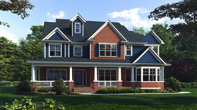 Two Story Brick House with Blue Trim and Large Porch