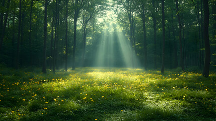 Obraz premium Sunlight Path Through Forest Meadow With Yellow Flowers