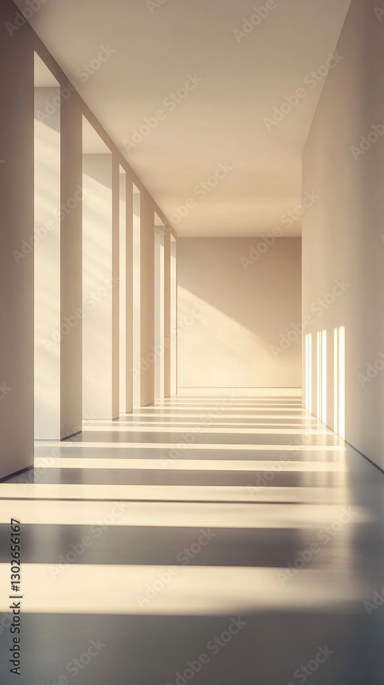 Poster Minimalist interior with geometric patterns created by natural light filtering through columns, showcasing clean lines, tranquility, and a modern architectural aesthetic.