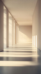 Fototapeta premium Minimalist interior with geometric patterns created by natural light filtering through columns, showcasing clean lines, tranquility, and a modern architectural aesthetic.