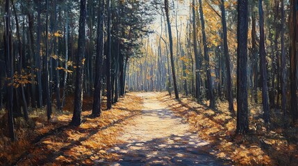 Obraz premium Forest path with autumn leaves and sunlight