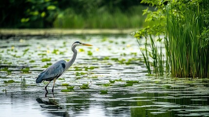 Heron standing by a tranquil pond
