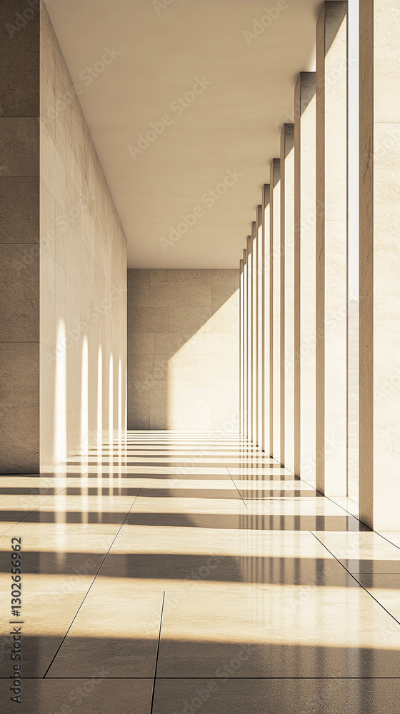 Poster modern interior with soft sunlight casting long shadows on the floor through architectural columns, 