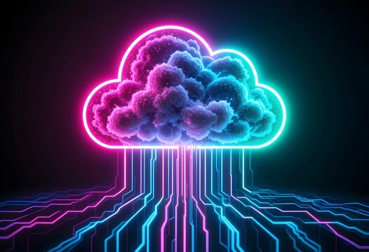 Digital Neon Cloud Computing Abstract Technology Data Network Background. Pink Blue Colors