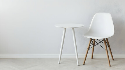 White Plastic Chair and Small Table Against a Textured White Wall