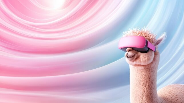 A whimsical alpaca wearing VR goggles against a vibrant, swirling pastel background, blending technology and nature in a playful manner.