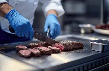 Chef in Blue Gloves Slicing Grilled Steak in Restaurant Kitchen