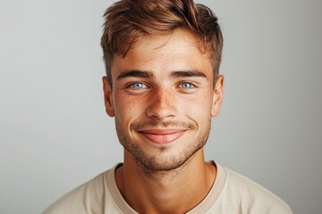 Obraz premium Young man with blue eyes and a warm smile in a light backdrop during daylight hours