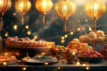Festive Table Setting with Delicious Baked Goods and Golden Lanterns